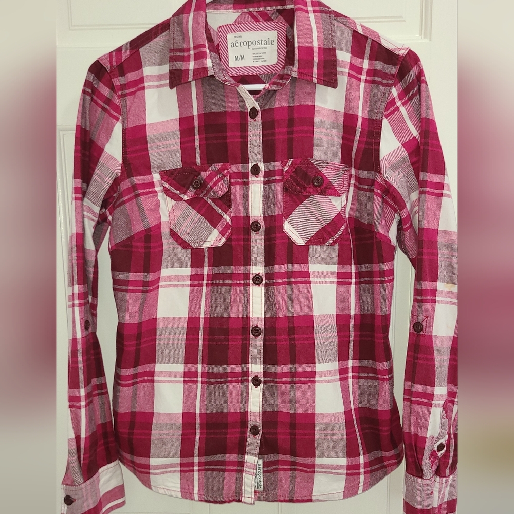 Aeropostale Pink and White Plaid Button-Down Shirt
